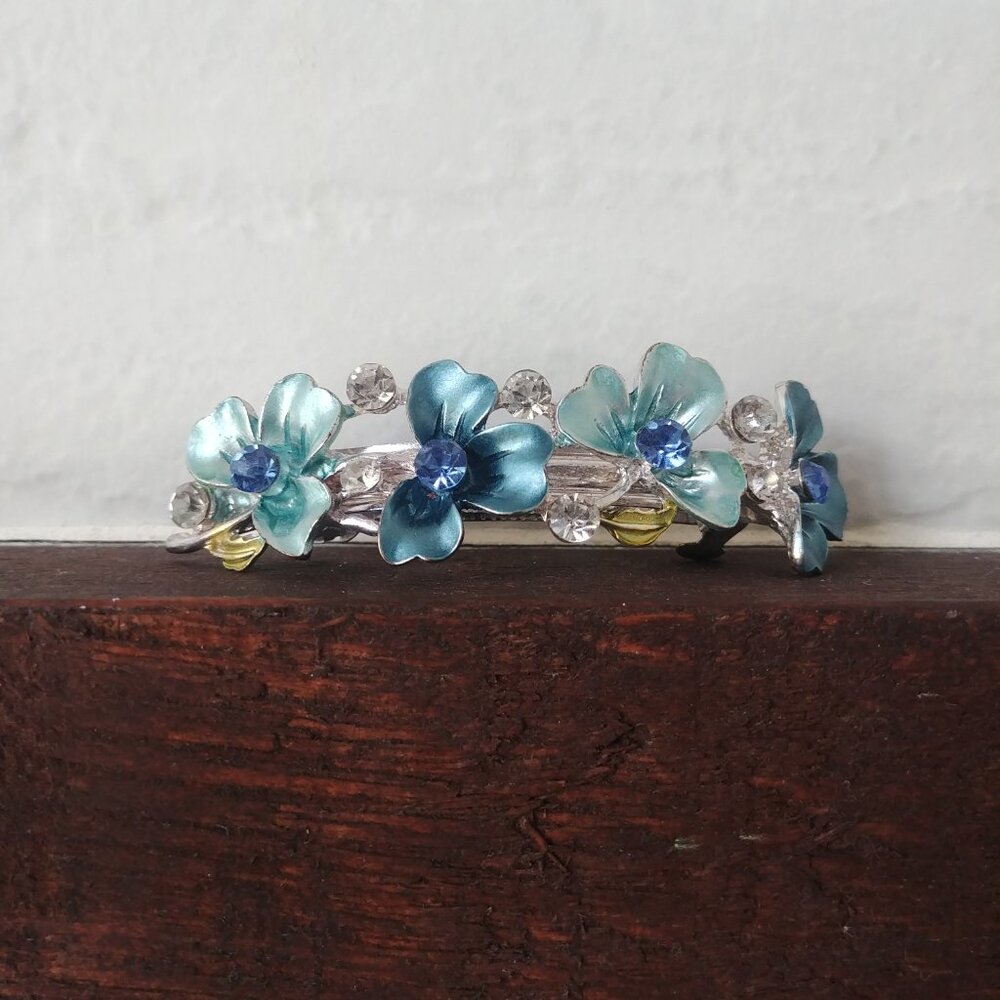 Vintage blue gems silver flower barrette hair clip accessory
